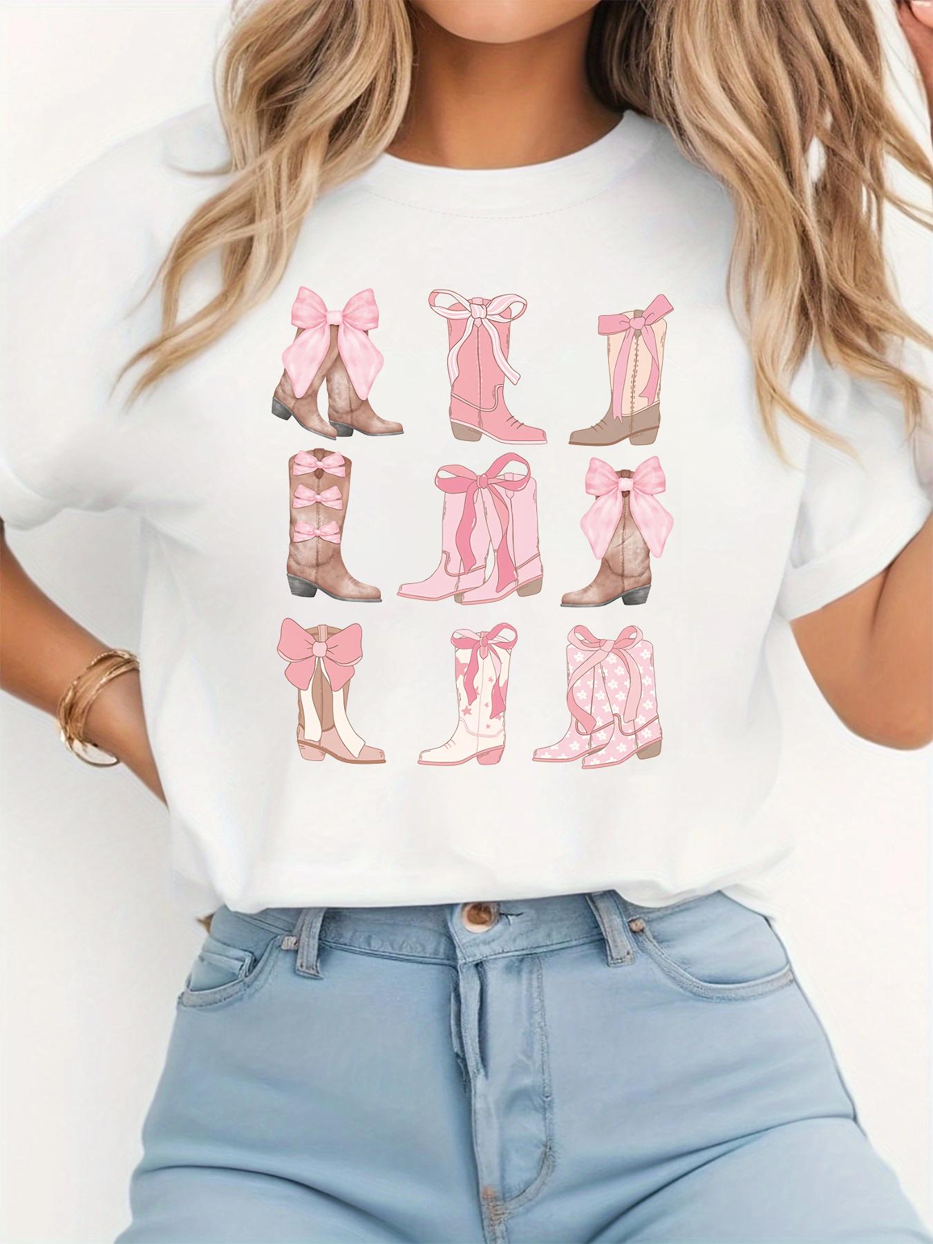 Pink Cowboy Boots Bow Graphic T-shirt S