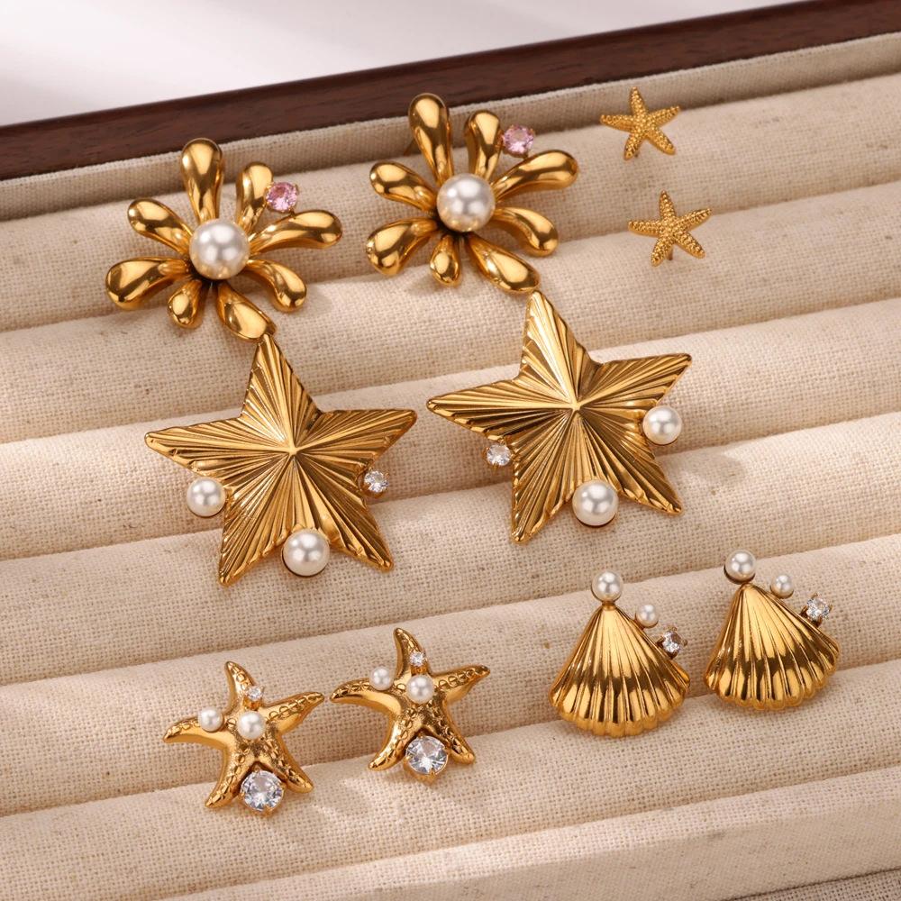 Fashion Exaggerated Starfish Flower Earrings Women's K Gold Plated Stainless Steel Gold Plated Pearl Inlaid Oil Pressure Earrings