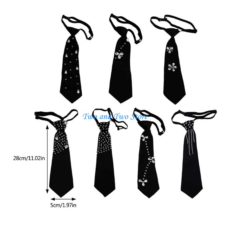 HX6F Women's School Uniform Tie Harajuku Rhinestones Vintage Pre Tied Black Necktie