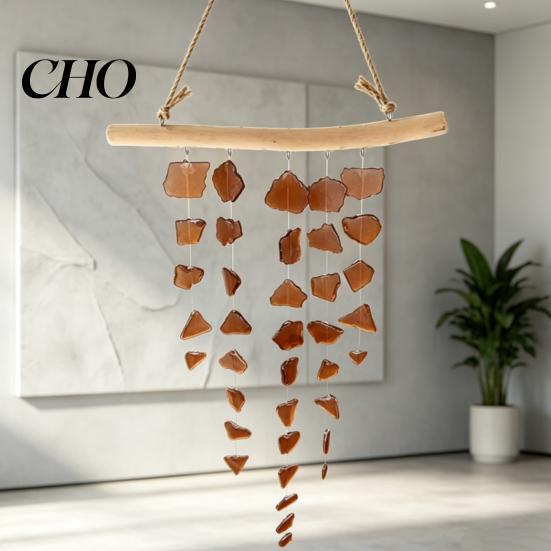 Colorful Glass Wind Chime Sea Chime, Handmade Driftwood Coastal Gift Hanging for Home Beach House Window Decor Unique Art