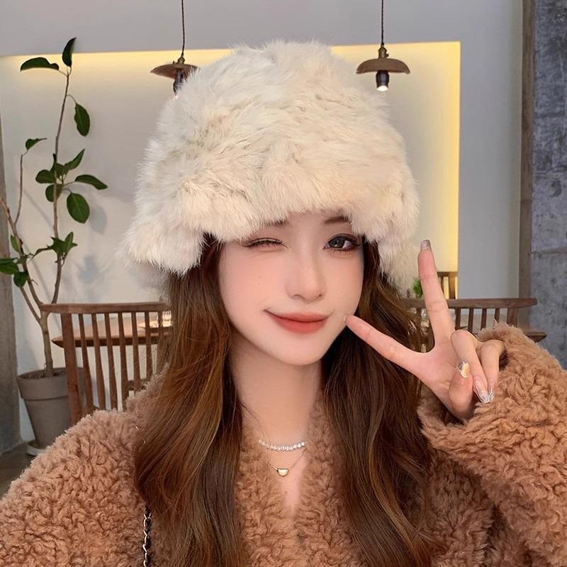 Women S Winter Warm Fluffy Rabbit Fur Blend Knit Bucket Hat