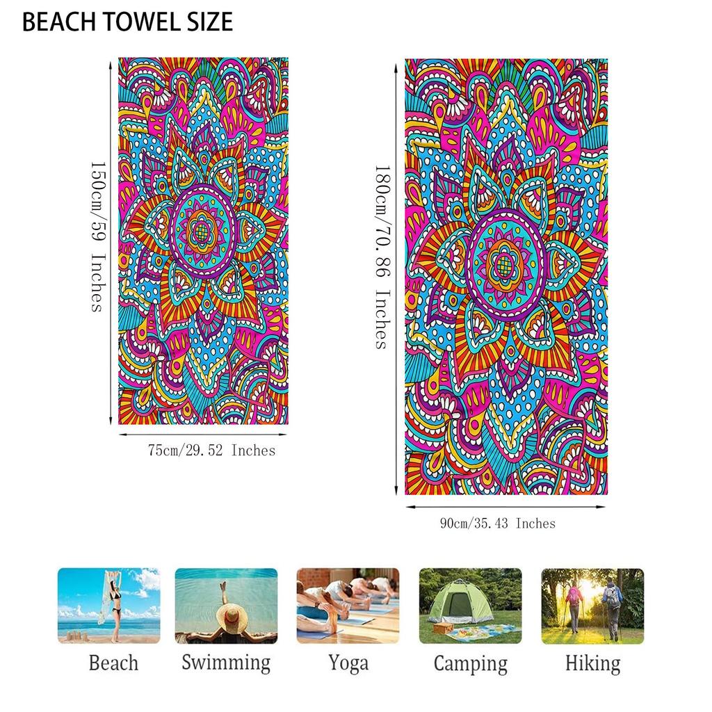 1 Pack Large Bohemian Mandala Beach Towel Suitable for Summer Swimming Pools, Soft Absorbent Microfiber with Bright Mandala