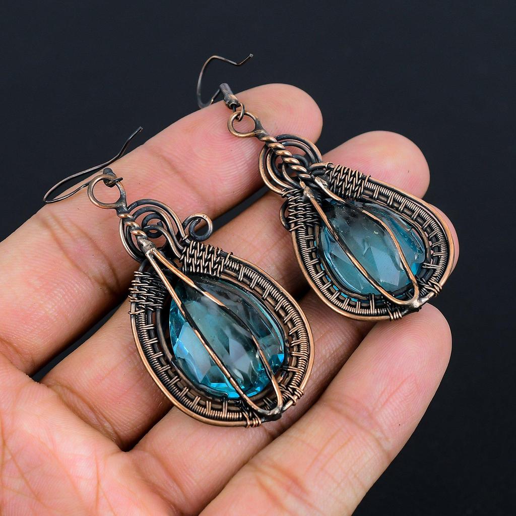 Swiss Blue Topaz Earrings, 999 Copper Wire Wrapped Earrings Handmade Gemstone Jewelry, Gifts For Wife Brand New Earrings