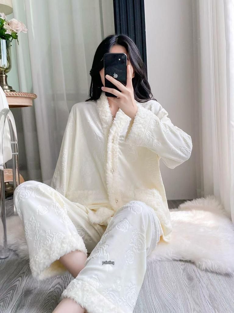 Women's Island Fleece Pajamas - High-End Minimalist Long Sleeve & Pants Thick Warm Set for Autumn/Winter