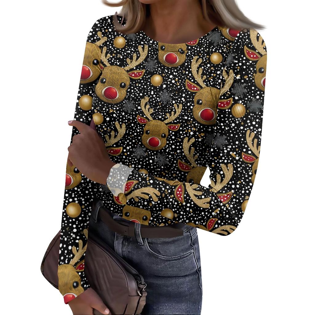 Women's Christmas Print Long Sleeve Round Neck Ribbed Knit Top
