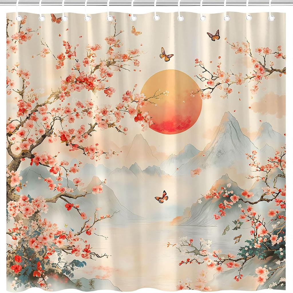 Asian Scenic Shower Curtain Pink Cherry Blossom Floral Butterfly Misty Mountain Japanese Oriental Traditional Spring Landscape