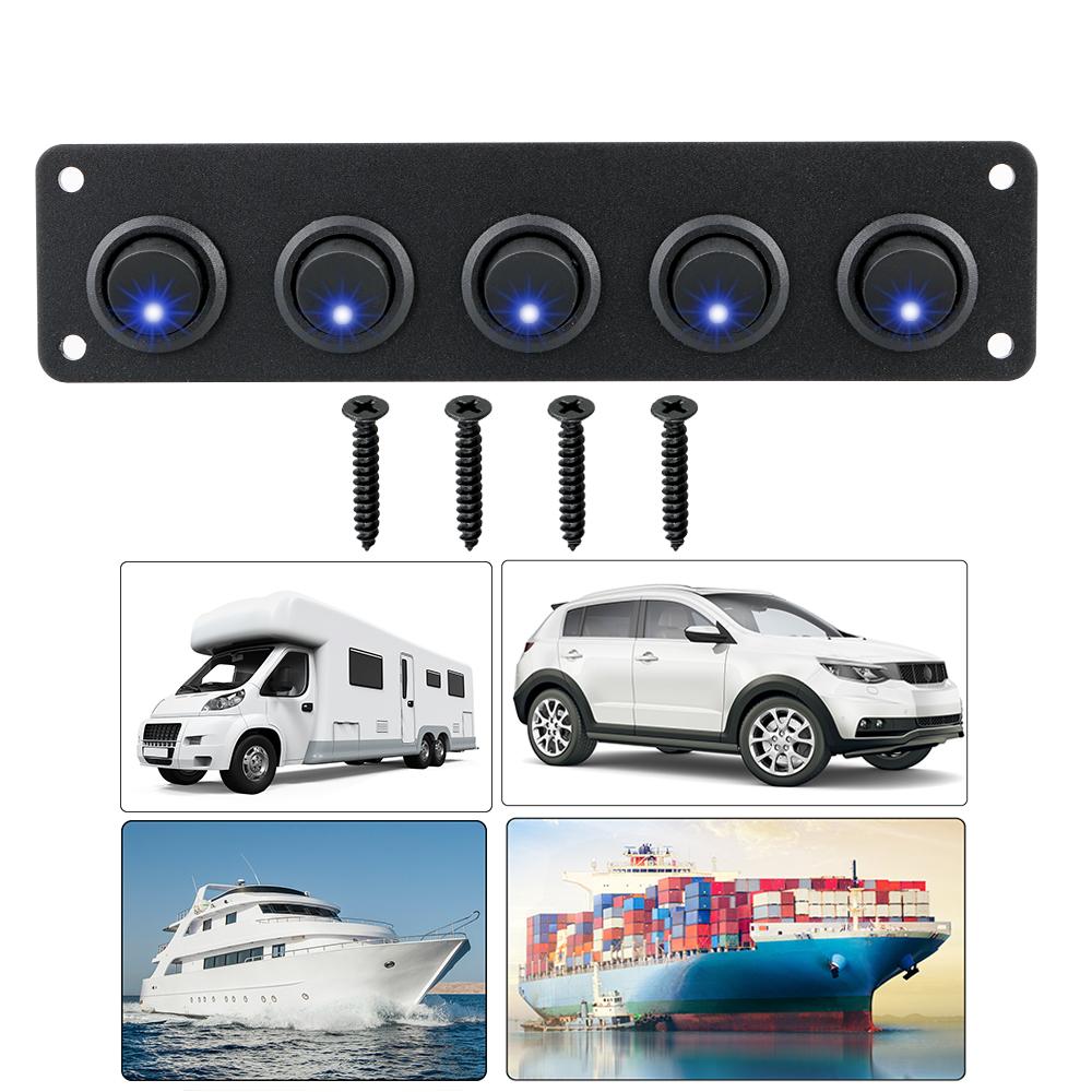 Round Dash Rocker Toggle Switch Panel 12-24V 5 Gang Interior Parts for RV Boat Yacht MarineCar Marine Waterproof Blue LED