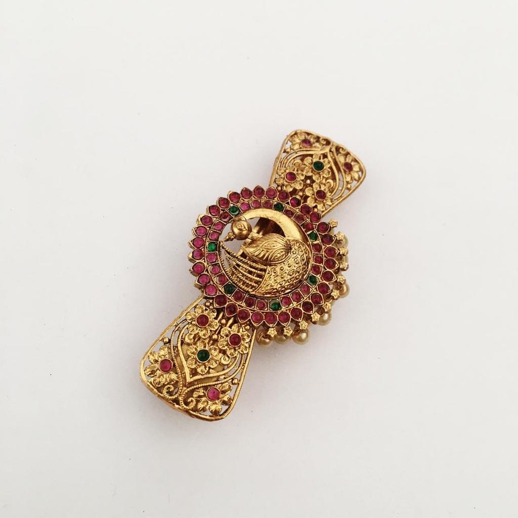 Hair Clips for Women and Girls Antique Gold Color Finish Peacock Design Center Clips with Colorful Stones (pack of 1) Traditional Back Clips Hair Pins