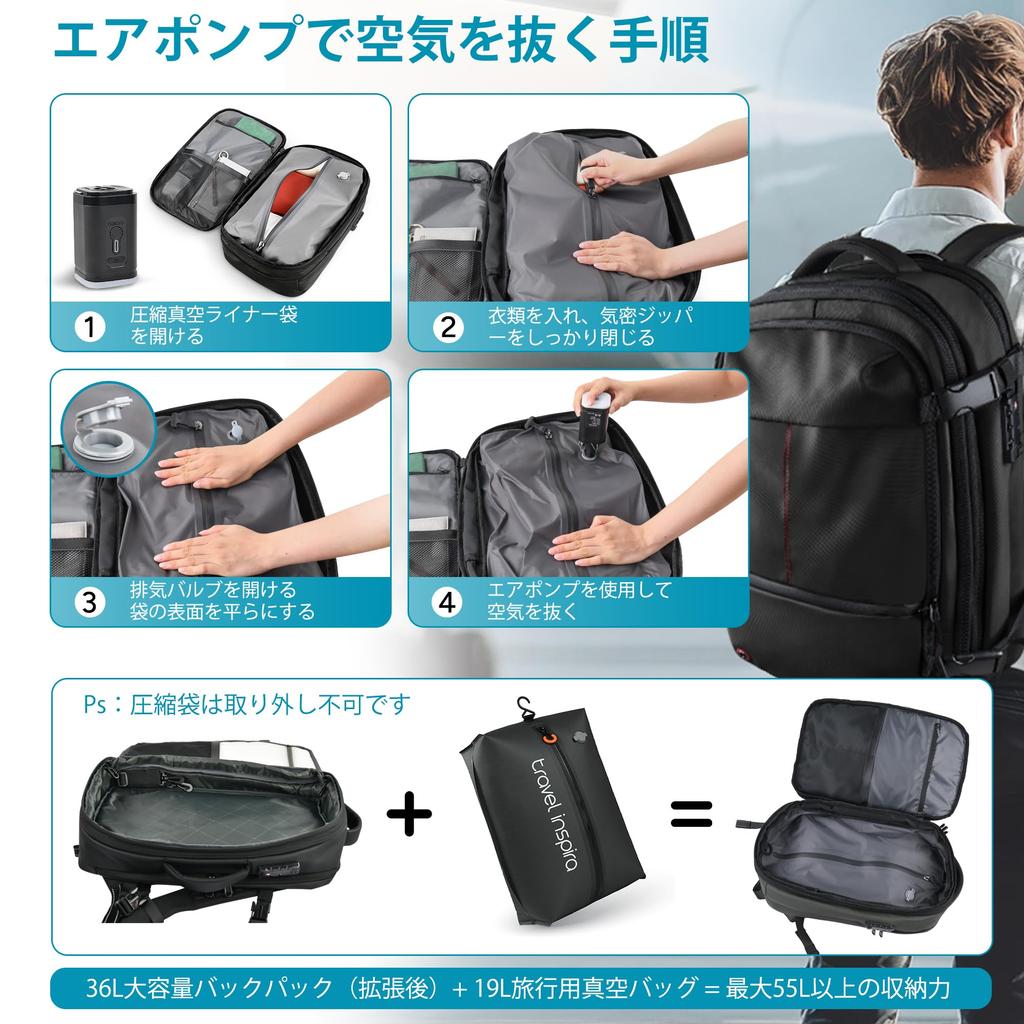 [travel Inspira] Vacuum Compression Backpack, TSA-Approved, Anti-Theft, 55L, with Pump, Business Travel Backpack, Large Capacity, Expandable,