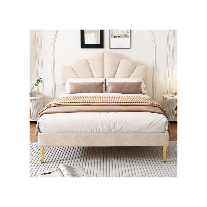 Lit rembourré - 140x190 cm - Tête de lit réglable - Velours beige - Sommier à lattes en bois