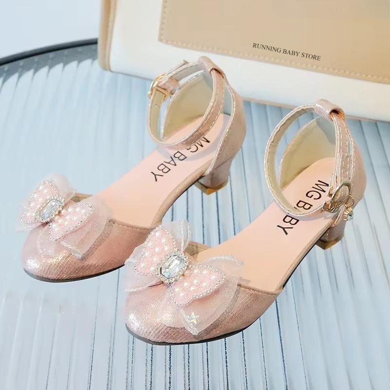 

Ankle Strape Summer Girls Sandals High Heel Sequin Rhinestone Bow Girls Princess Shoes Baby Girl Shoe Lace Ribbons Sandal I04093 34 рожевий