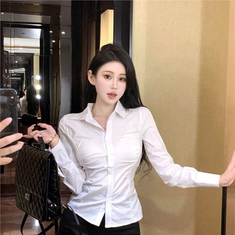 Chic Waist-Cinching Long-Sleeve White Shirt: Slim-Fit Professional Style for Spring & Fall
