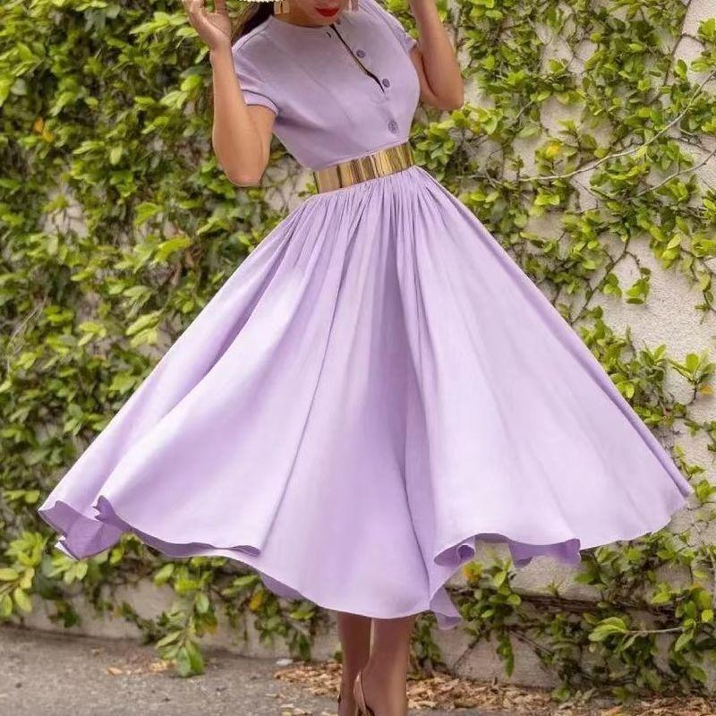 

Мода Новинка Лето Новое Поступление Короткий Рукав С Контролем Талии Подчеркивающее Фигуру Платье с Поясом Короткий Рукав Платье с Талией Lavender S