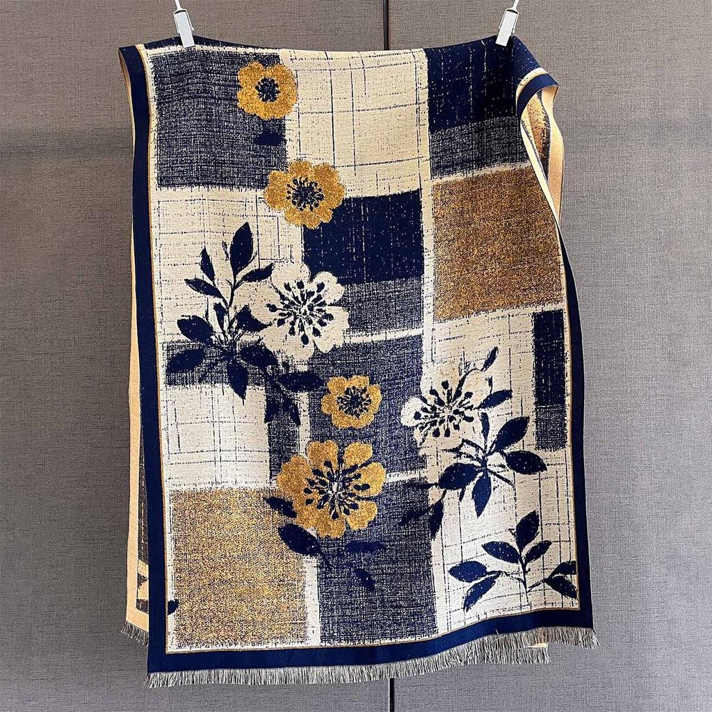 Autumn New Imitation Cashmere Fringed Scarf Women's Plaid Flower Age-reducing Printed Scarf Fashionable Versatile Warm Shawl