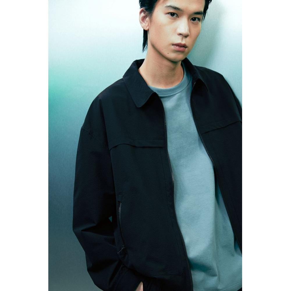 H M Waffle Texture Jacket Loose Fit Navy Blue