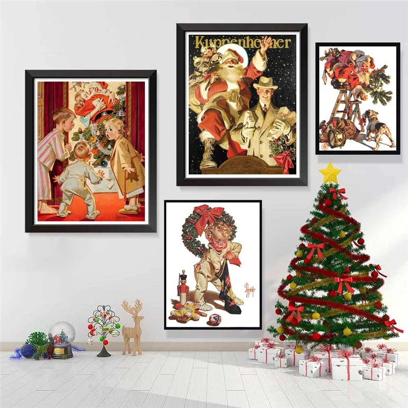 Lustiges Vintage-Weihnachtsgemälde, Weihnachtsmann und Kinder, Leinwand, HD-Druck, Tradition, Wandkunst, Poster, Bild, Urlaub, Heimdekoration, Geschenk