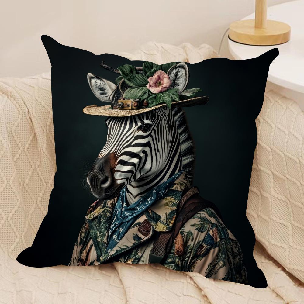 Zebra Dressed Up Portrait Cushion Cover Silky Short Plush Sofa Pillow Cover Hidden Zipper Soft Dustproof Case for Home Decor