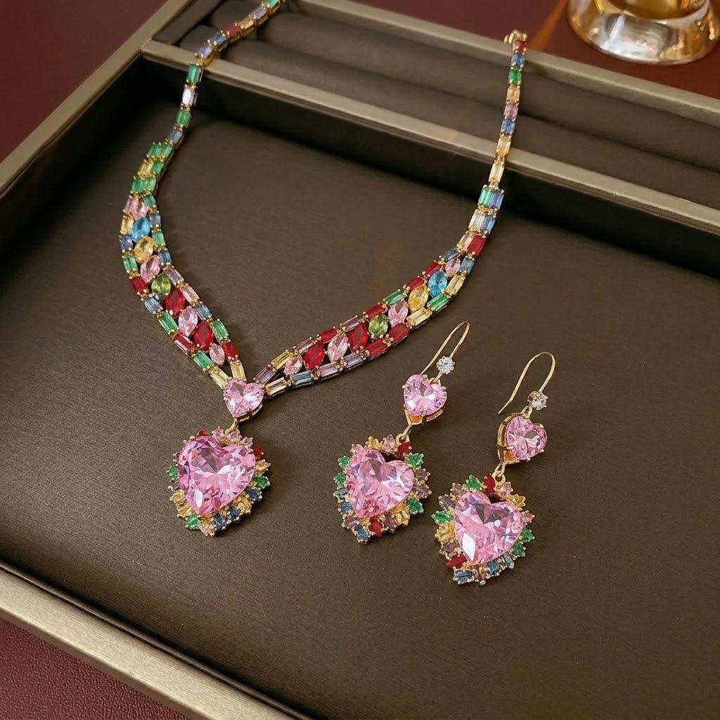 Trendy Zircon Earrings & Necklace Set: Colorful, Fresh Fashion Accessories