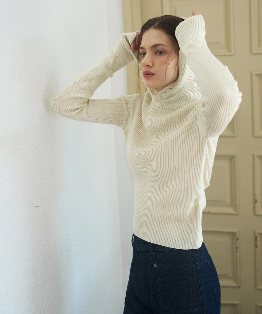 Deuloupisumeon Ribbed Button Hooded Knit Pullover [Cream]