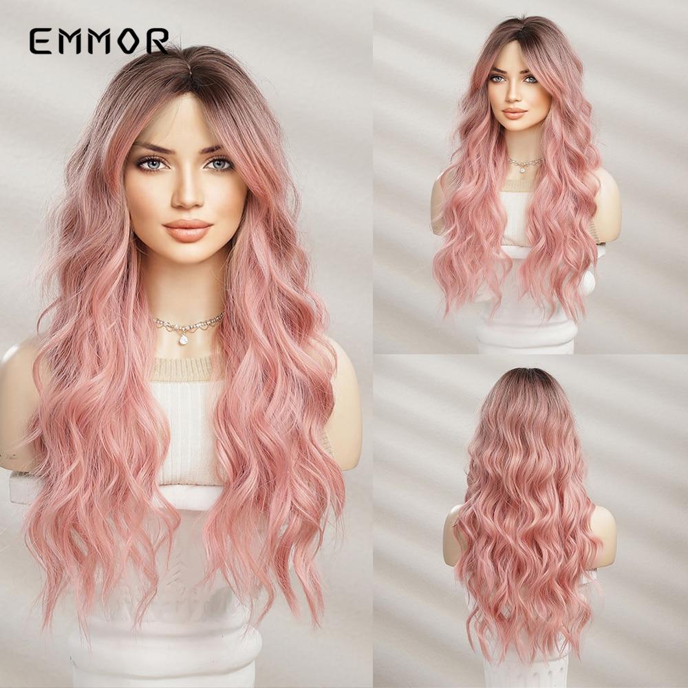 ALAN Synthetic Long Wavy Wigs with Bangs for Women Cosplay Natural Ombre Black To Pink Hair Wig High Temperature Fiber