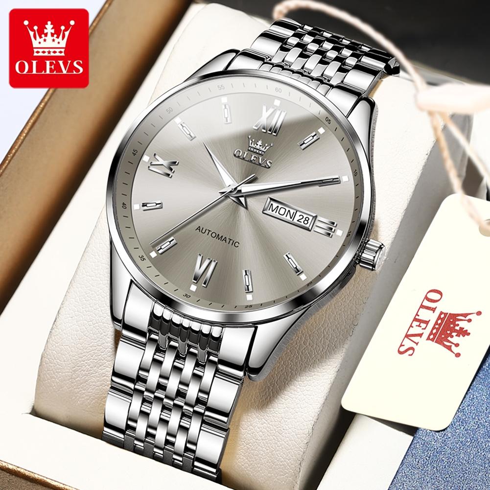 OLEVS Watches for Man Original Stainless Steel Dual Calendar Luminous Waterproof Business Automatic Mechanical Men's Watch 6777