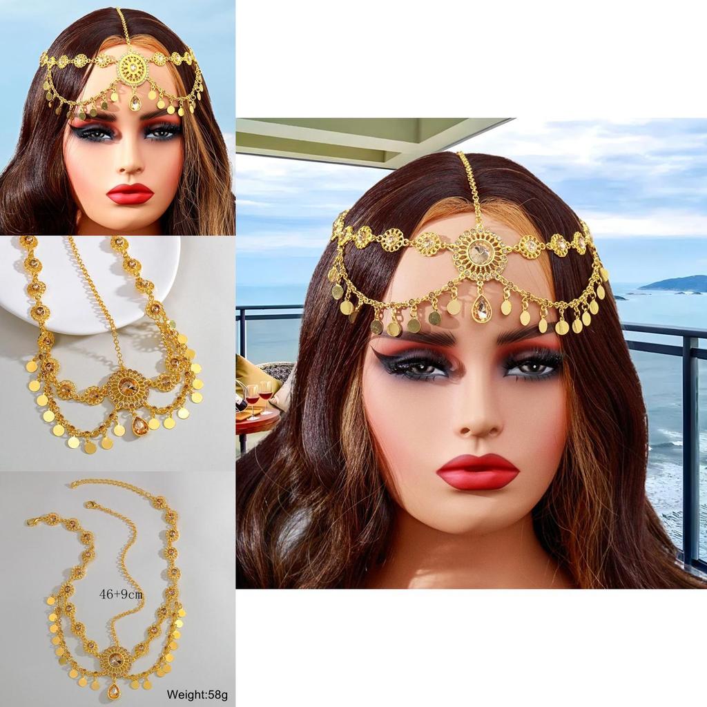 Elegant Simulation Gemstone Decor Women Golden Headpiece With Tassel Design For Travel And Occasion