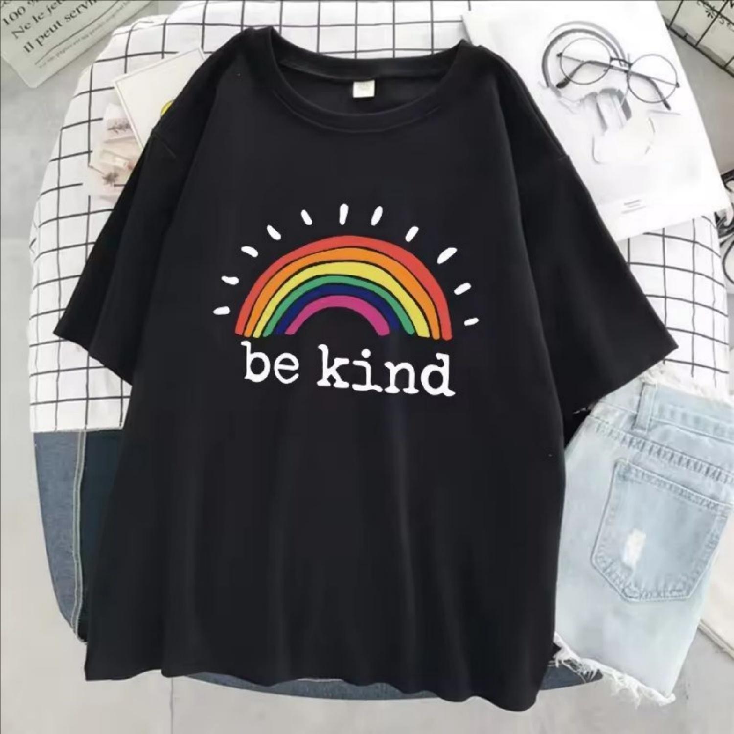

Be Kind A Glowing Rainbow Womens T Shirt Cotton Cool Tshirt Street Oversized Short Sleeve Fashion Breathable Tee Clothes XXXXXL різнокольоровий