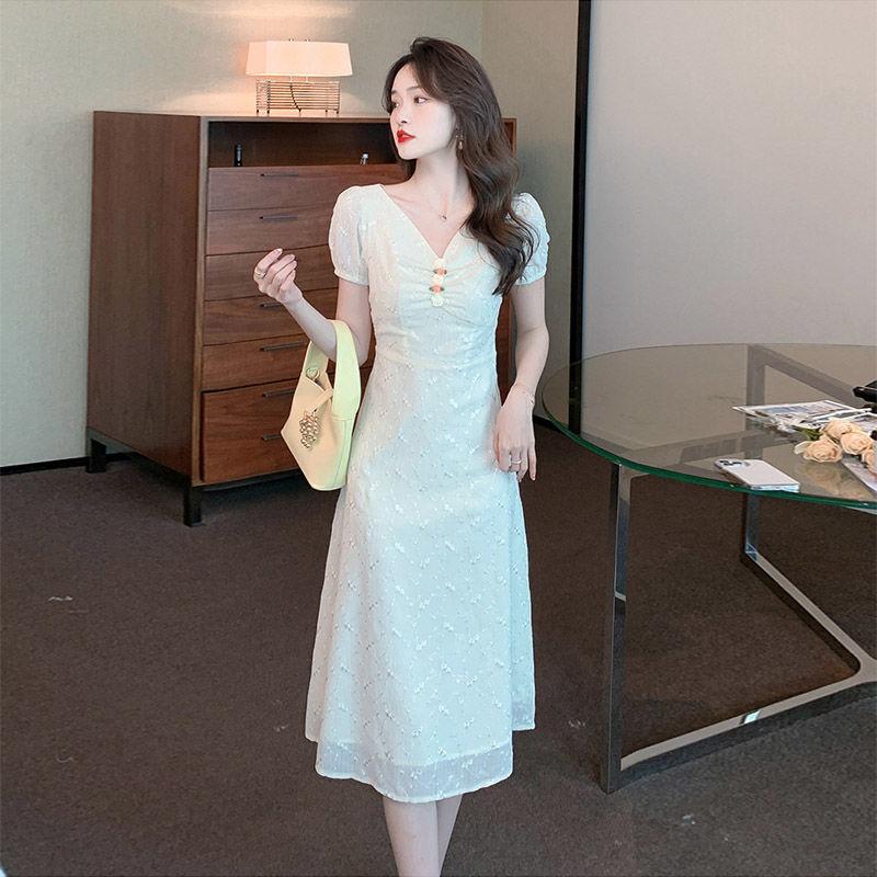 Summer Sweet Slimming Knee-Length Chiffon Long Dress Temperament Waist-Cinching V-Neck Fairy-like Flowy Dress