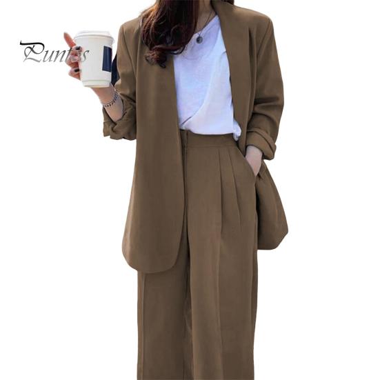 2 ks/sada Lady Formal Coat Kalhoty Set Dlouhé rukávy Otevřený steh Kardigan Střední délka Bunda Volný Rovný Široká noha Kalhoty s vysokým pasem Formální Business