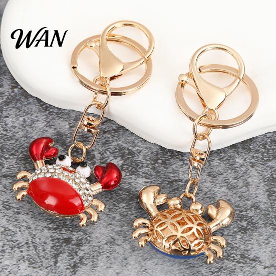 Zinc Alloy Keychain Charm Pendant Sparkling Rhinestones Inlaid Crab Design Key Anti-oxidation Holder with Lobster Clasp Lightweight Car Bag Accessory