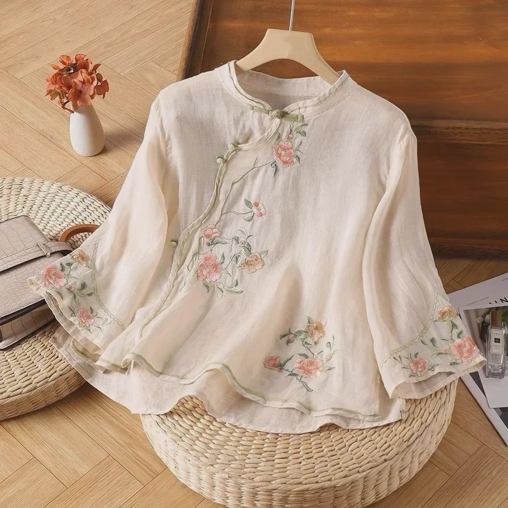 Women's Ethnic Cotton Embroidered Top - Chinese Slanted Placket with Frog Buttons, Artistic Summer Shirt