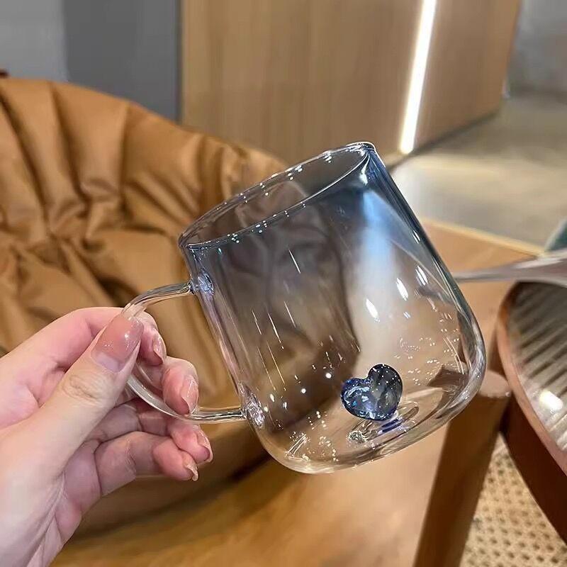

Gradient Heart Bottom Borosilicate Glass Couple Mug Set Heat Resistant Transparent for Coffee Tea Home Office Gift 400ml синий