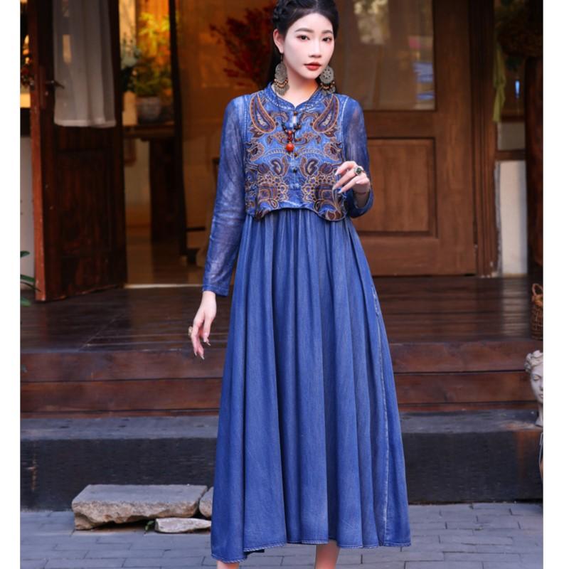 Johnature Kvinne Vårbroderi Personlighet Cowboy Ermeløs Kjole Kinesisk Stil Vintage Retro Nisje A-Line Kjole