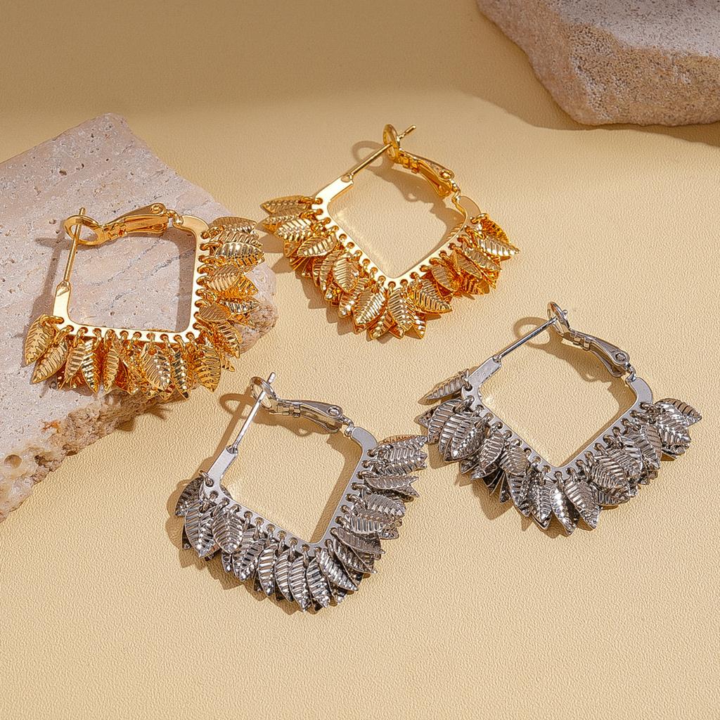 18K real gold electroplated geometric square leaf fringed silver needle earrings niche earrings