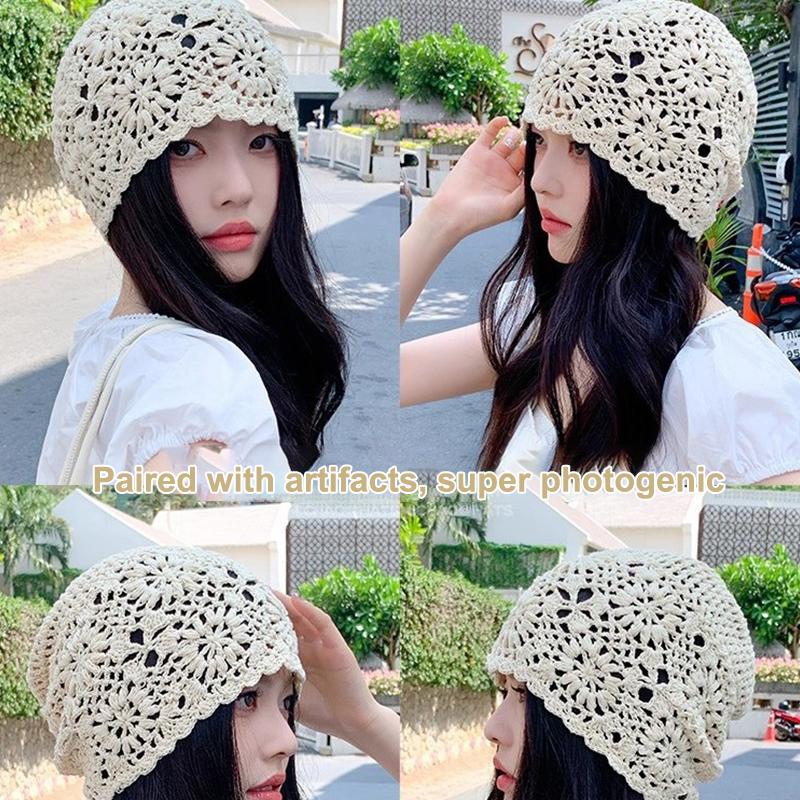 Atmungsaktive Ausgehöhlte Strickmütze Blumen Lässige Baskenmütze Sommer Blumen Atmungsaktive Baumwolle Skullies Sonnenschirm Frauen