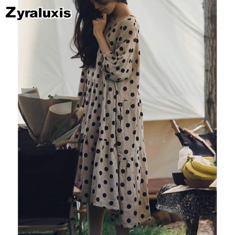 French Bohemian Cotton Linen Elegant Long Loose Wide Sleeve Polka Dot Dress