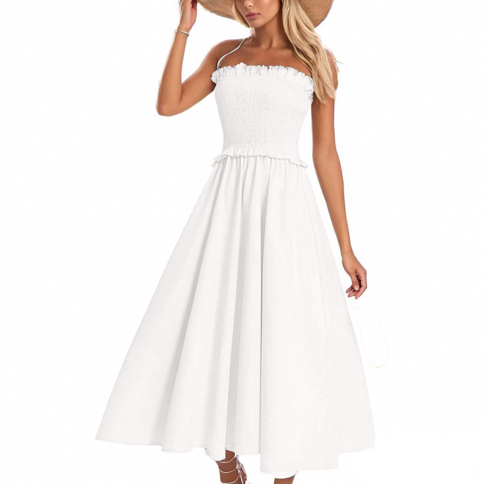 

Женское летнее макси-платье без рукавов, сарафан из хлопка с подтяжками, пляжное платье с оборками S белый