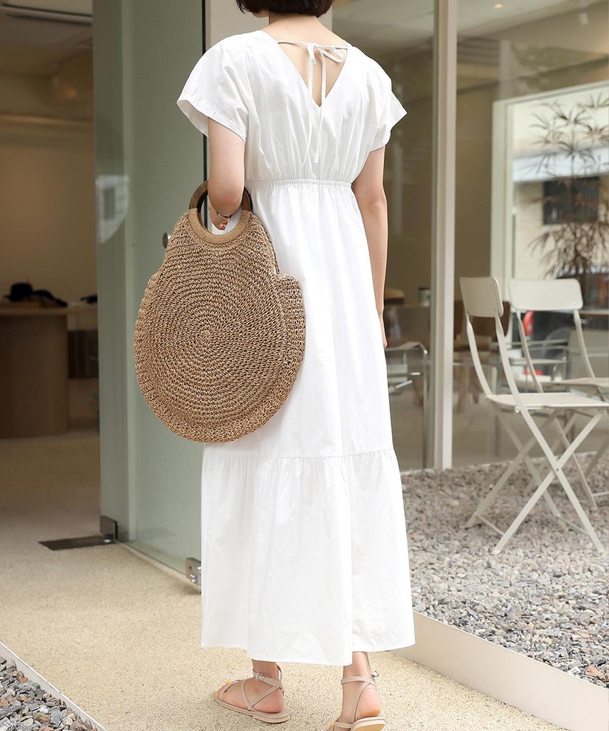 Ppaeppae Banded Frill Back Ribbon V-Neck Long Dress