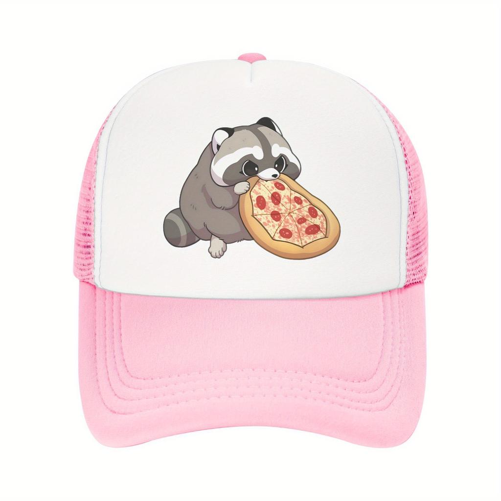 Cute Raccoon Eating Pizza Trucker Hat Breathable Mesh Adjustable Baseball Cap Casual Summer Travel