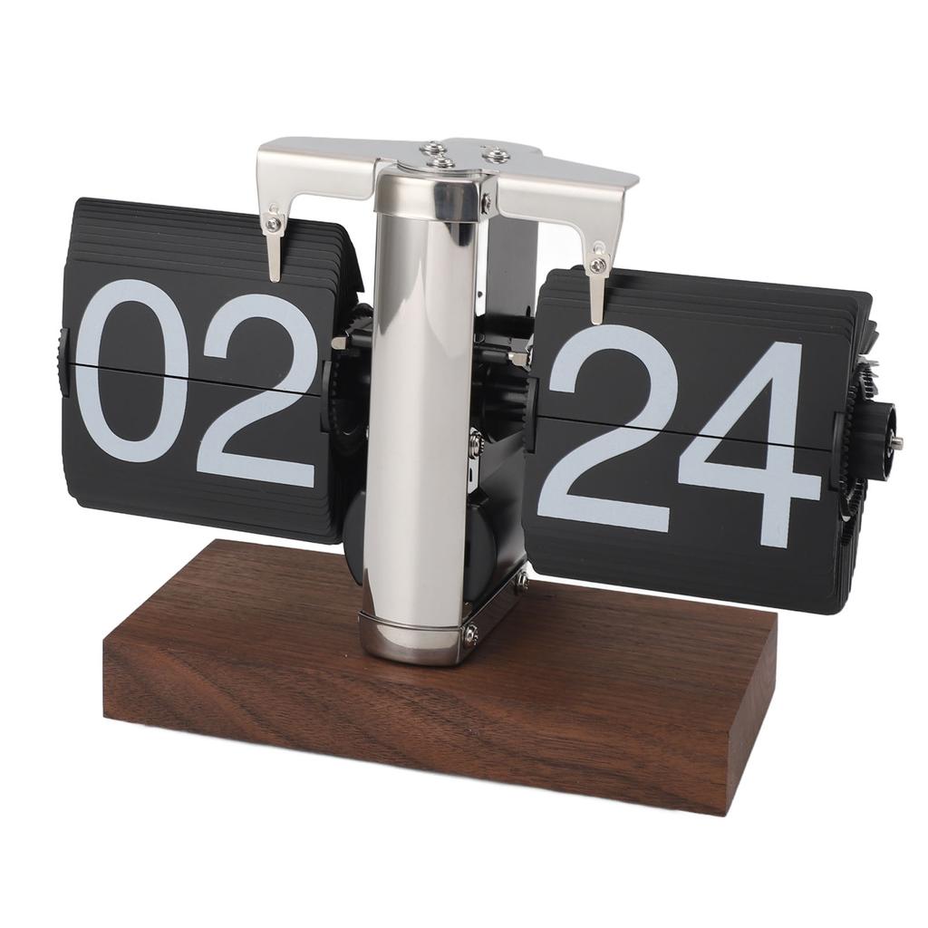 Flip Desk Clock Auto Mechanical Flip 24H Wood Base Stainless Steel Vintage Retro Digital Table Clock for Home Office