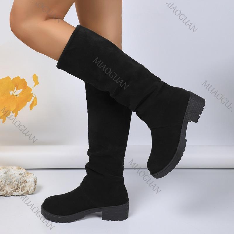 Fashion Boots for Women 2025 Spring Autumn Suede Thick Medium Heel Pleated Mid-calf Boots Casual Platorm Solid Slip on Knight Booties