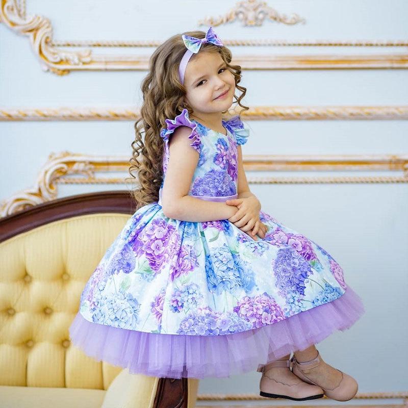 Girl's Holiday Formal Dress with Bowknot Headdress, Printed Christmas Baby Dress