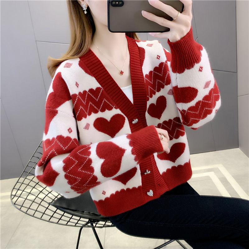 Autumn New Love Jacquard Collar Short Knitted Women's Cardigan with Sweater Women's Coat