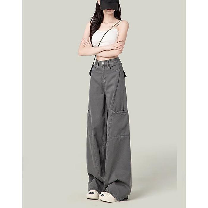 Американские ленивые серые рабочие джинсы женские 2026 новые ретро высокая талия свободные драпирующие широкие штаны в пол S