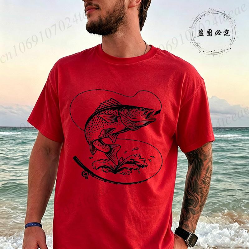 Retro Fish Fishing Print T-shirt Men Summer Breathable Tee T-Shirts Beach Vacation Casual Shirts Fisherman Gift Oversized Tops