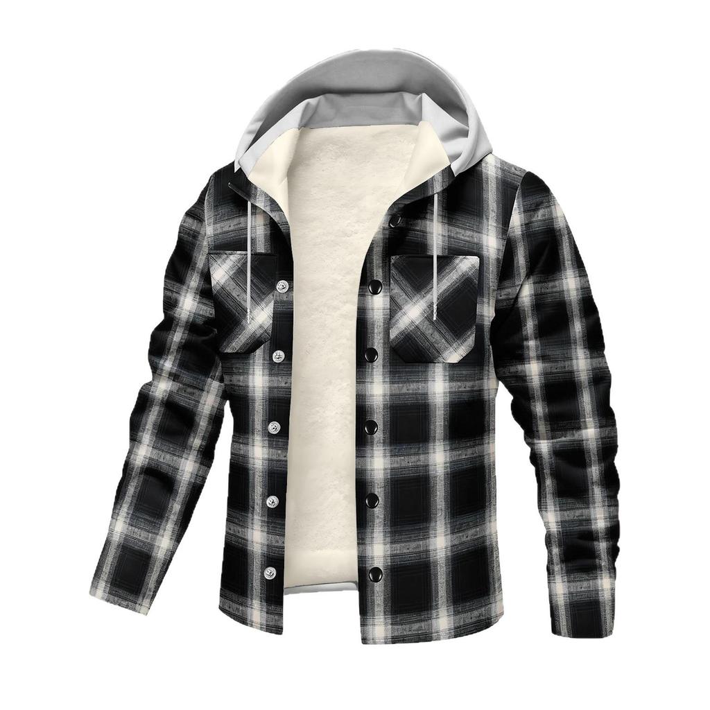 European & American Plaid Hooded Velvet Men's Jacket - Autumn/Winter Loose Button-Down Casual Coat