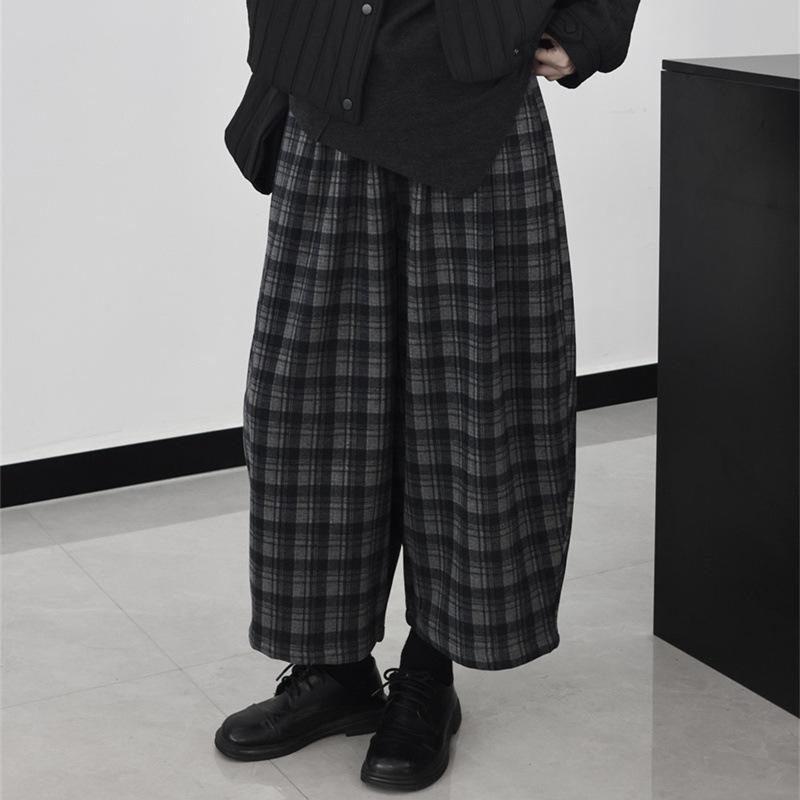 

Design-Sense Dark Plaid High-Waisted Wool Harem Pants for Women - Autumn/Winter Casual Style One Size
