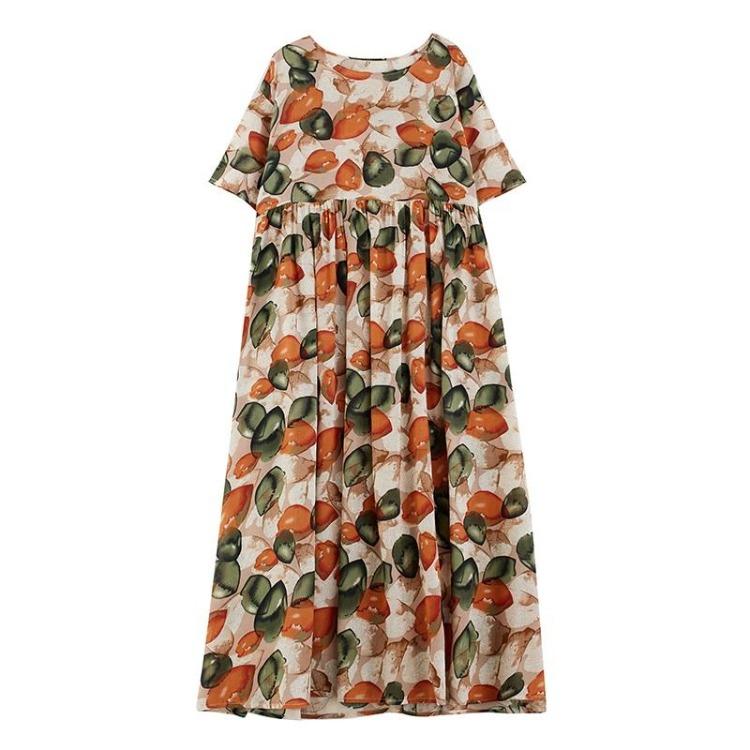 New Vintage Floral Plus Size Cotton Dress Casual Loose Long Summer Short Sleeve for Women