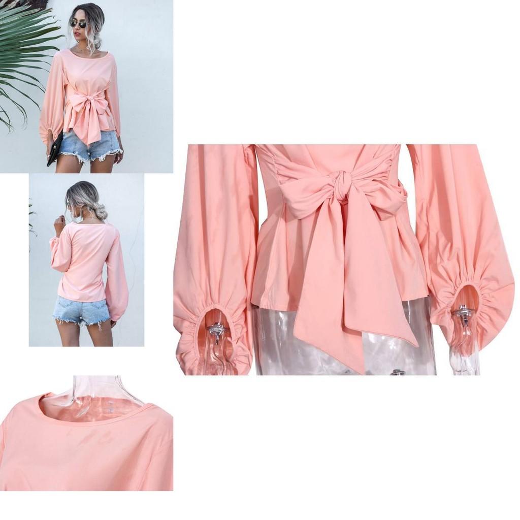 Trendy Loose-fit Chiffon Lantern Sleeve Top With Bowknot For Women Spring