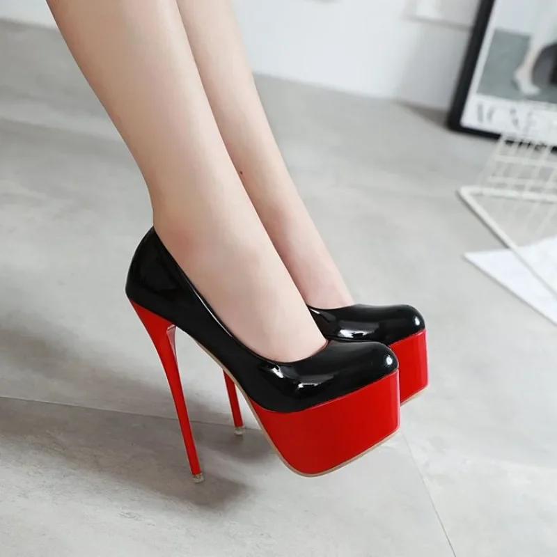 Fashion Women Sexy Thin High Heels 16cm Pumps Black Patent Leather Fashion Heels for Women Platform Wedding Nightclub Party Dress Shoes